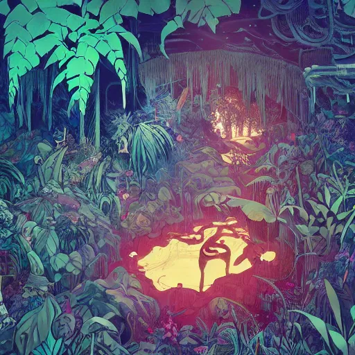 Prompt: a group of explorers in the overgrown jungle in a large alien cave, surreal photography zzz, dramatic light, by victo ngai by james jean, by rossdraws, frank franzzeta, mcbess