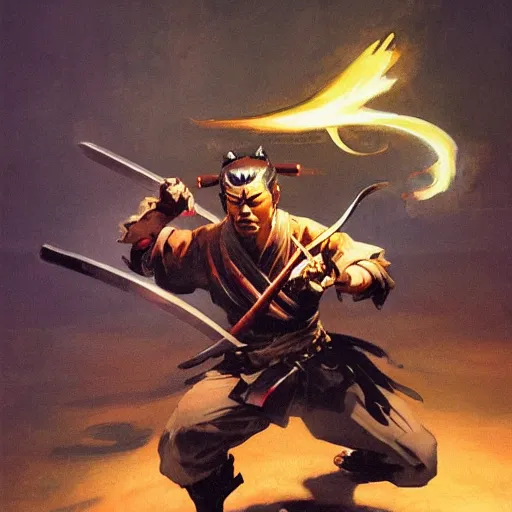 Image similar to samurai by frank frazetta, wielding a glowing magical katana, dynamic pose, eastern influences, fantasy, very detailed, dungeons & dragons, sharp focus, striking, artstation contest winner, detailed