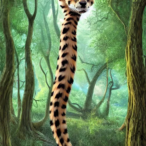 Prompt: photorealistic fantasy digital art of a serval whose torso is extremely long and thin and twisted into a coil, resembling a snake. it is in an oak forest. its tongue is a long forked snake - tongue. realistic high - resolution whimsical image.