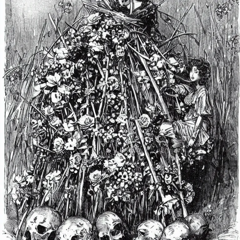 Prompt: a walther caspari illustration in lustige blatter in 1 8 9 9 of a young goddess, sitting on a conical!!!! pile! of small skulls with huge flowers on tall stalks behind her, manga style of kentaro miura