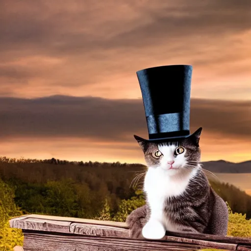 Image similar to cat wearing a top hat, dynamic lighting, 8k quality, stunning scenery, vintage photo, photorealistic portrait