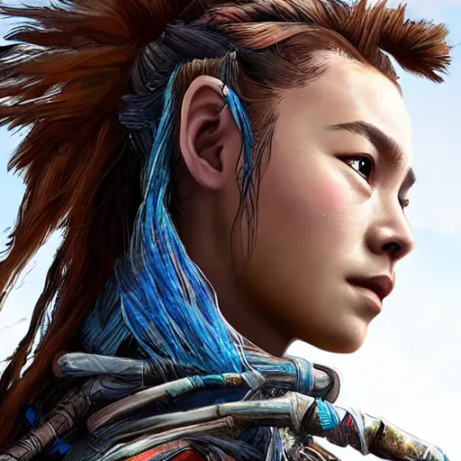 Prompt: Aloy from Horizon Zero Dawn, head and shoulders portrait, extremely detailed masterpiece, one single continues line.