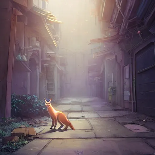 Image similar to a wholesome animation key shot of a focused cute caracal in an abandoned alleyway, medium shot, waist up, studio Ghibli, Pixar and Disney animation, sharp, very detailed, high resolution, Rendered in Unreal Engine 5, anime key art by Greg Rutkowski, Bloom, dramatic lighting