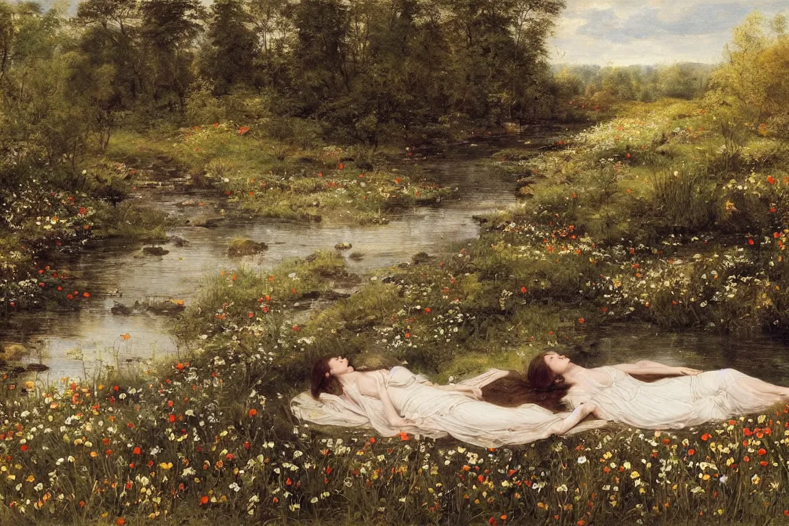 Prompt: Beautiful woman lying horizontal in a dark water stream. Flowers in hand. Golden brown dress, light dark long hair. Apathetic, pale, dead but beautiful. Poppies, daisies, pansies. Most accurate and elaborate studies of nature ever made. The background Hogsmill river in Surrey, rich Forest, dark, wood, bushes. Naturalistic. Painting by John Everett Millais.