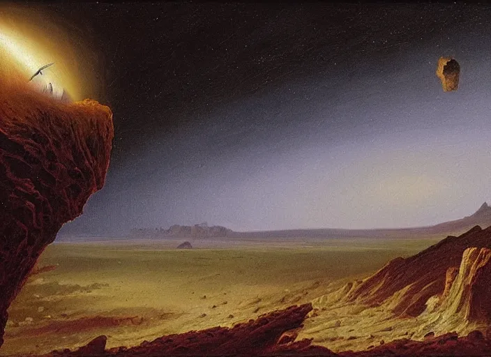 Image similar to earth during the cretaceous – paleogene extinction event, just as the asteroid is colliding with earth, the asteroid later forms the chicxulub crater, in the style of hudson river school of art, oil on canvas