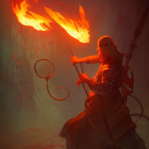 Prompt: a pyromancer is playing with fire , medium level shot , epic scene, Mucha style , Grim fantasy, illustration ,concept art,