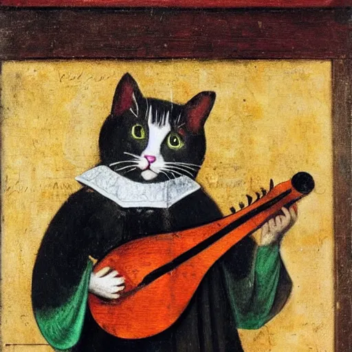 Prompt: cat with lute, medieval portrait, colorful, medium shot