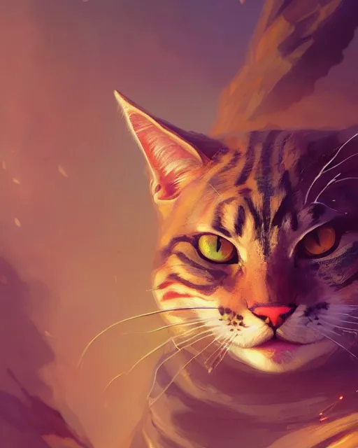 Image similar to highly detailed vfx portrait of a ferocious cat, stephen bliss, unreal engine, greg rutkowski, loish, rhads, beeple, makoto shinkai and lois van baarle, ilya kuvshinov, rossdraws, tom bagshaw, alphonse mucha, global illumination, detailed and intricate environment