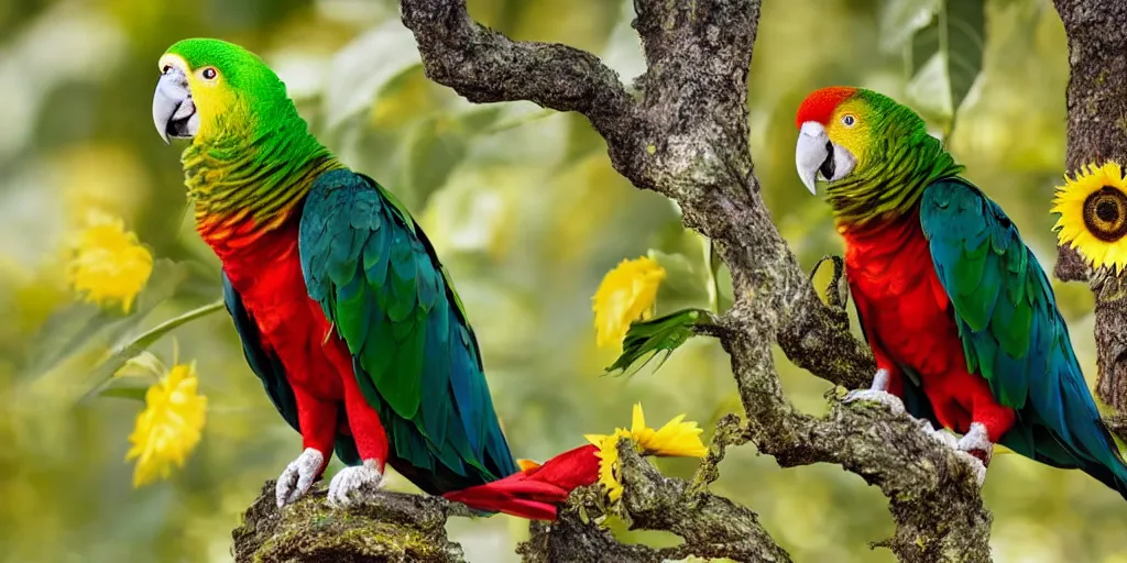 Prompt: angry green parrot with red wings sitting in a tree, surrounded by sunflower seeds, high detail, national geographic photorealistic