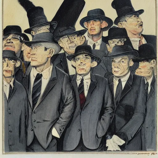 Image similar to A row of men in hats are standing, looking into the distance. the man in the centre is facing the front, looking downwards at his stomach by Frank Kelly Freas