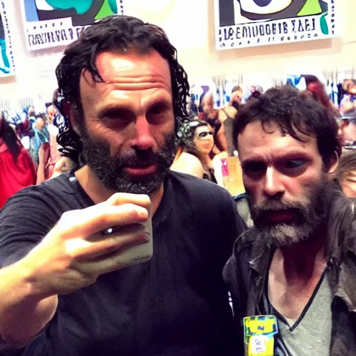 Prompt: selfie shot by a walking dead zombie with rick grimes at comic con