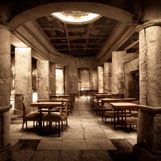 Prompt: Beautiful Promotional Photograph of the inside of an ancient Roman McDonalds, wideshot,longshot,fullshot.