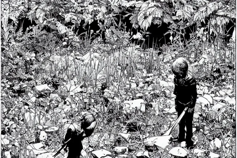 Image similar to abandoned overgrown graveyard, a child standing holding a knife, very coherent, intricate design, painting by Laurie Greasley, part by Yoji Shinkawa, part by Norman Rockwell