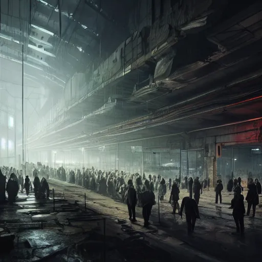 Image similar to a long queue of people standing in a huge underground dystopian factory, low camera angle, hyperdetailed, artstation, cgsociety, 8 k, hyper realistic, super detailed, octane, volumetric lighting, atmosphere, matte painting, extreme long shot, octane render h 7 0 4