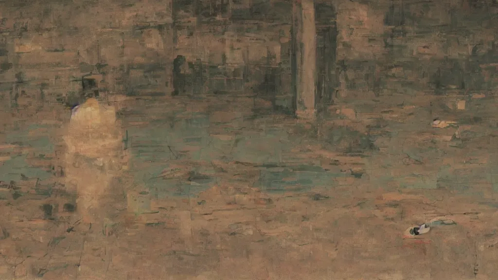 Image similar to a chinese prison near a river by peter doig, muted colors