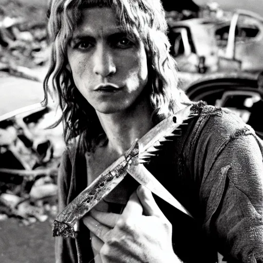 Image similar to close up headshot of a skinny high-fantasy elf with a long narrow face and spiky blonde hair wearing dark brown overalls and holding a bomb next to a destroyed car, high resolution film still, fim by Peter Jackson