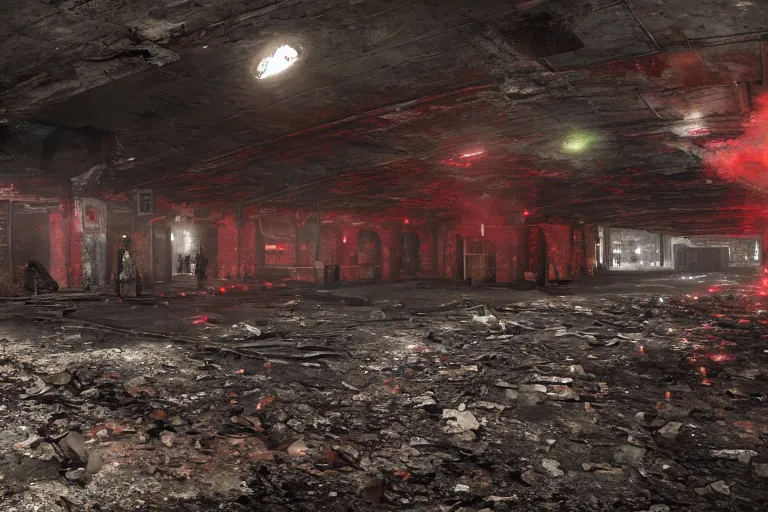 Image similar to ruined, abandoned, underground metro station. Pitch black darkness, red flares on the ground is the only light source. Smoke. Dirt and debris on ground. Unreal Engine. Substance painter. Zbrush. Trending on artstation. 8K. Horror. Resident evil. Highly detailed.