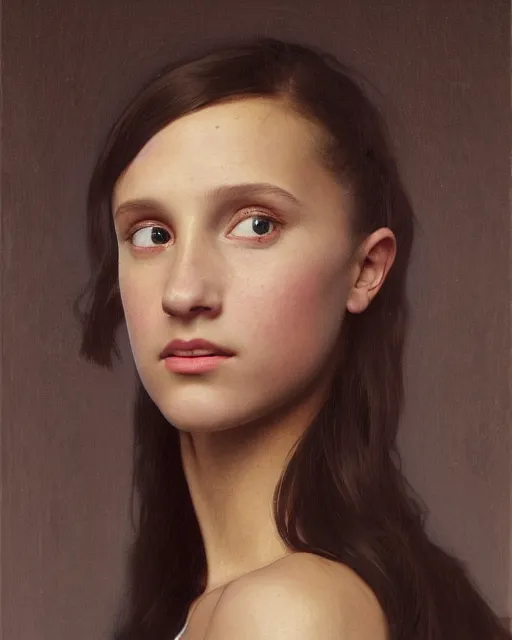 Image similar to a portrait painting of a shy, blushing 1 6 - year old alicia vikander or millie bobby brown, backlit, wearing a futuristic translucent iridescent plastic space suit with a space helmet, elegant, highly detailed, artstation, concept art, by krenz cushart and donato giancola and william adolph bouguereau and alphonse mucha