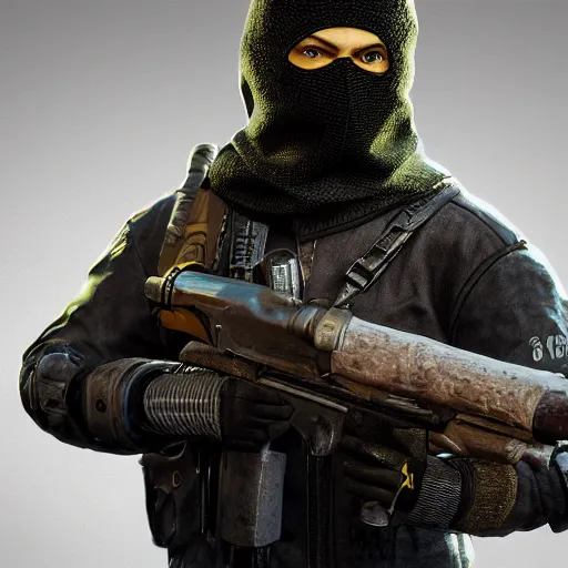 Image similar to bandit with balaclava holding shotgun, dark photo, beautiful details, hdr, octane render