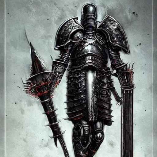 Image similar to a medieval styled cyborg armor, by hr giger, kentaro miura, wayne barlowe, bloodborne, dark souls, breathtaking, sense of awe