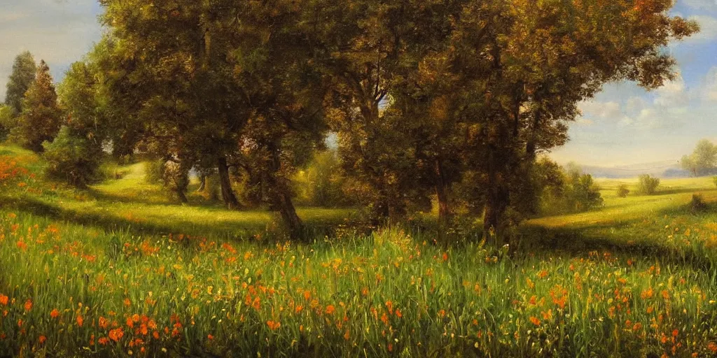 Image similar to a bright oil painting of a beautiful meadow; masterpiece; extremely-detailed; by Carravaggio