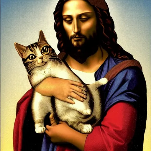 Image similar to portrait of jesus holding a cute cat, digital art, by leonardo da vinci