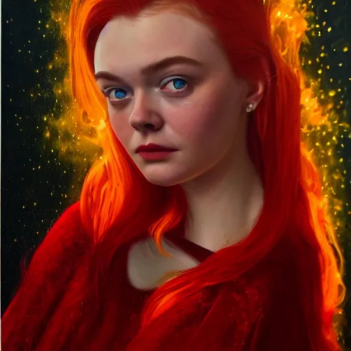 Image similar to a striking hyper real oil painting of Elle Fanning in a red dress with flaming hair, dark starlit background,
