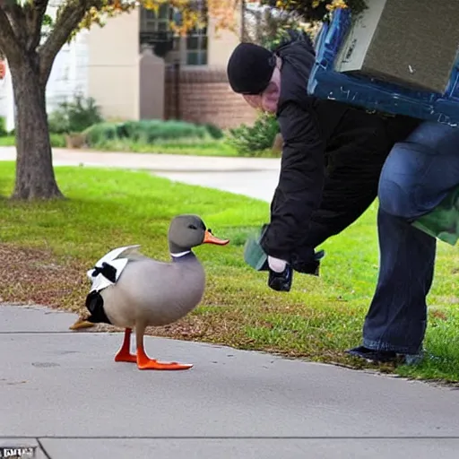 Image similar to A duck excitedly clicks its heels together when a UPS deliveryman walks toward him with a package