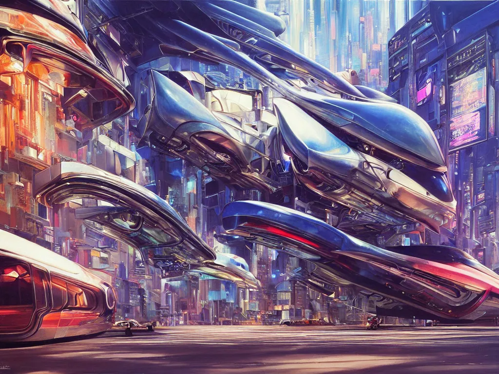 Prompt: hyperrealistic painting of a slice of life from a futuristic city, mechanical designs, futuristic vehicles, technological, detailed engineering, vivid color, elegant, meticulous, cinematic, cyberpunk style, highly detailed, realism, intricate, acrylic on canvas, 8 k resolution, concept art, by noriyoshi ohrai, francesco di giorgio martini, moebius
