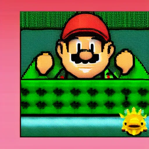 Prompt: green pig in bowser's castle, super mario 6 4 art style, crt television