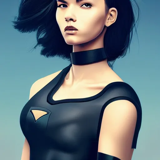 Image similar to a stunning upper body portrait of a beautiful young woman wearing futuristic deep black battle bodyarmor with ombre navy blue teal hairstyle blowing in the wind by marvel comics, digital art, trending on artstation