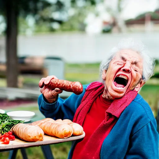 Image similar to elderly woman screaming at a sausage, canon eos r 3, f / 1. 4, iso 2 0 0, 1 / 1 6 0 s, 8 k, raw, unedited, symmetrical balance, wide angle