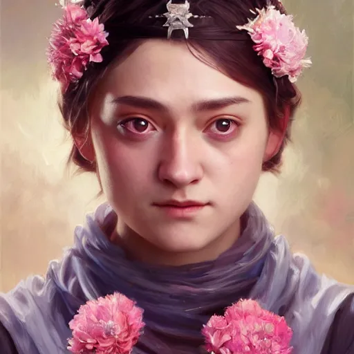 Image similar to expressive oil painting, of arya stark, smooth glowing skin, ornate headpiece made from pink flowers, glamour shot, by yoshitaka amano, by bouguereau, bygreg rutkowski, by jeremyg lipkinng, by artgerm, digital art, octane render