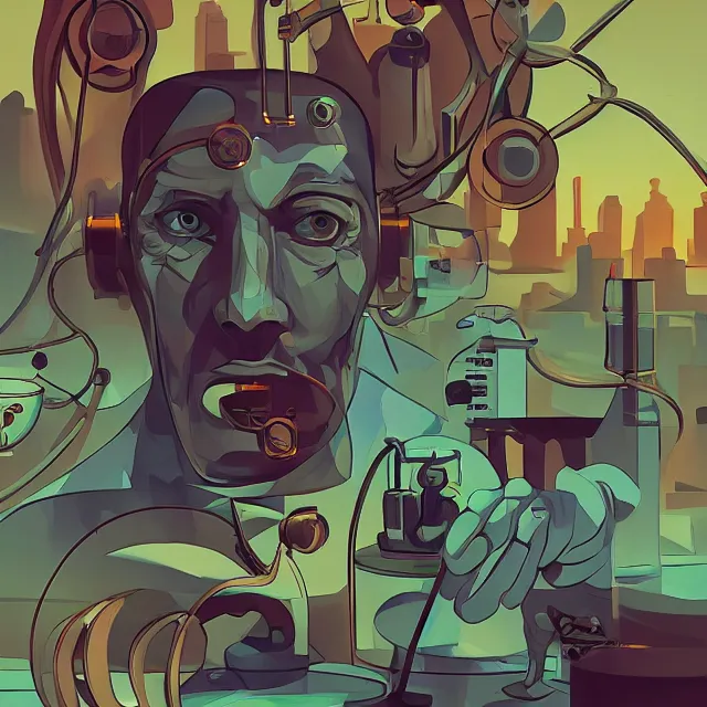 Image similar to scientists confronting a malevolent digital intelligence, hi tech, futurism, rhads!!!, ominous, digital science fiction realism, urban fantasy, saturday morning cartoon, clean linework, ( alexander archipenko ), western animation