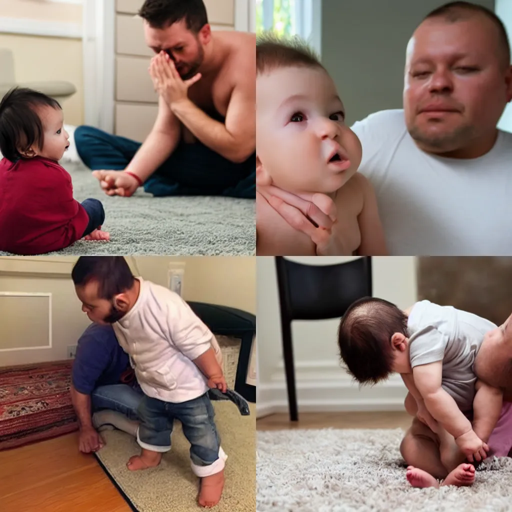 Prompt: Baby beats up his father while he tries to put the child to bed