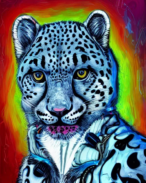 Prompt: a cyberpunk portrait of a snow leopard by jean - michel basquiat, by hayao miyazaki by artgerm, highly detailed, sacred geometry, mathematics, snake, geometry, cyberpunk, vibrant, water