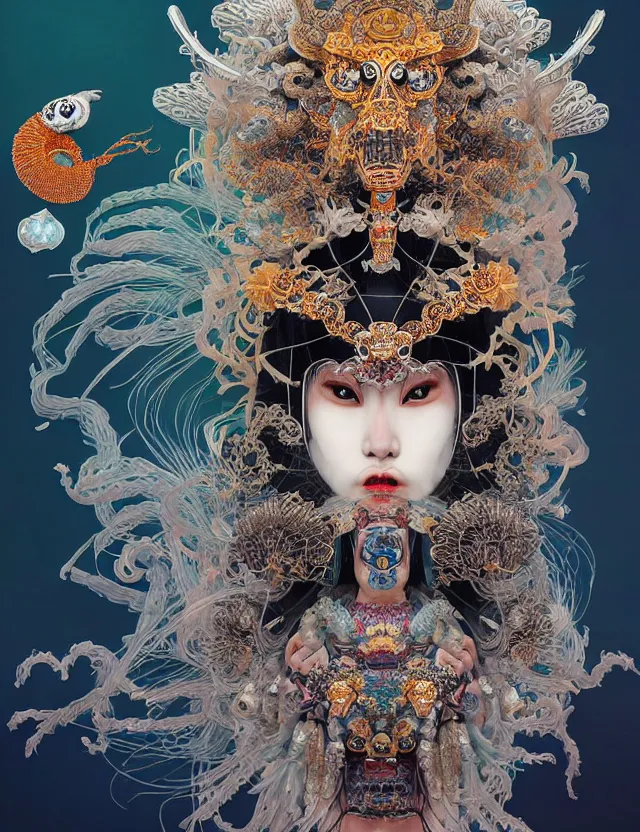 Image similar to goddess portrait with mask and crown made of ram skull. beautiful intricately detailed japanese crow kitsune mask and clasical japanese kimono. betta fish, jellyfish phoenix, bioluminescent, plasma, ice, water, wind, creature, super intricate ornaments artwork by tooth wu and wlop and beeple and greg rutkowski