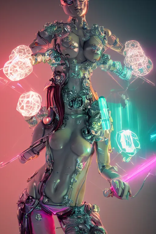 Image similar to full-body rococo and cyberpunk style crystal quartz sculpture of a young handsome seductive chilean android gogo reaching for the sky, glowing pink laser eyes, crown of white gears and diamonds, swirling green-colored silk fabric. futuristic elements. full-length view. intricate artwork by caravaggio. Trending on artstation, octane render, cinematic lighting from the right, hyper realism, octane render, 8k, depth of field, 3D