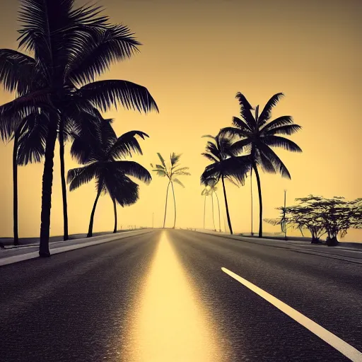 Image similar to dimly lit road at night after rain that leads to a small cozy beach surrounded by palm trees, shot from sky, desaturated, photorealistic, beautiful, sharp, highly detailed, artstation, pixvy
