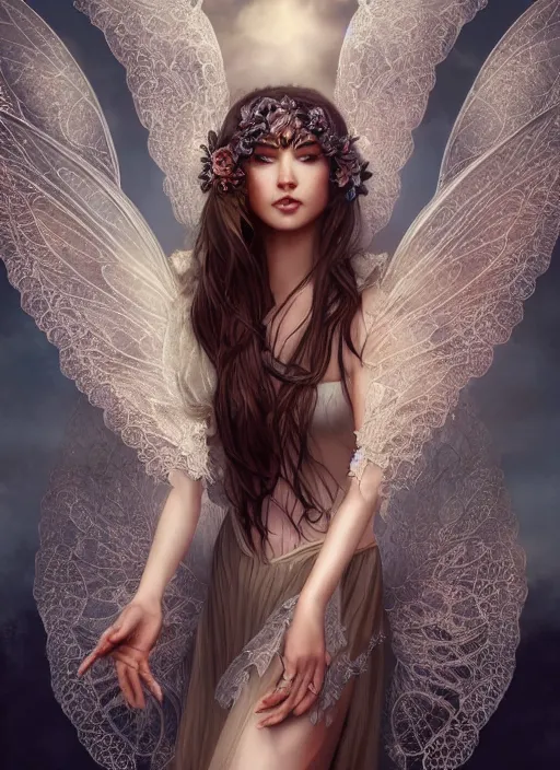 Image similar to full body portrait of a beautiful fairy women with wings of lace, by artgerm, sunny day, highly detailed, perfect lighting, perfect composition, symmetry, detailed features, 4 k, by alan lee, by derek zabrocki, by greg rutkowski