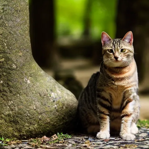 Prompt: closeup of a tabby cat sitting on a stone playing chess in a forest, wildlife photography