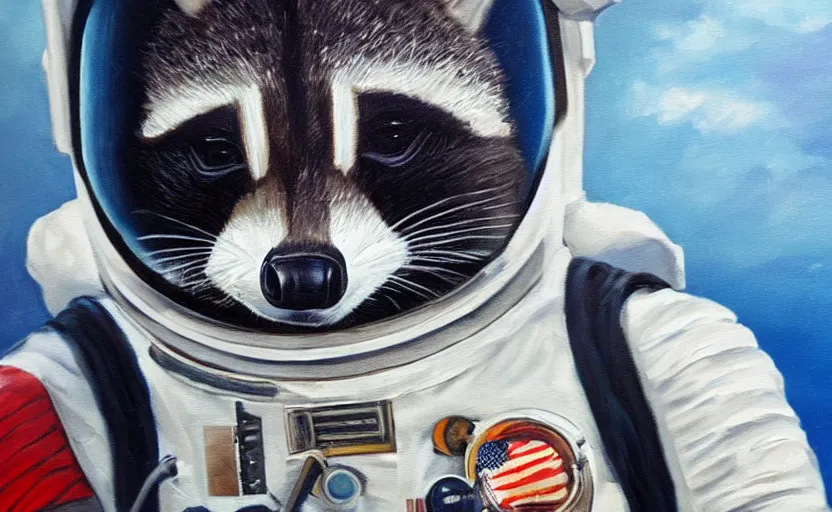 Image similar to oil painting of a racoon in a astronaut suit with helmet, 35mm, photo, Epic, cinematic