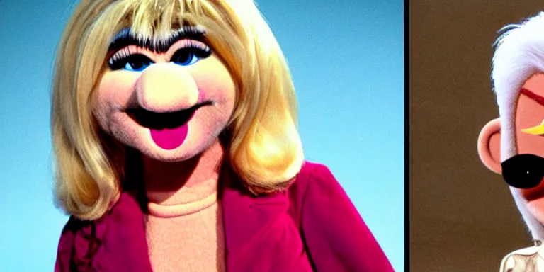 Prompt: Photoreal Cinematography of a photorealistic muppet version of Debbie Harry hosting The Muppet show, standing with with Steve Martin with a photo accurate photorealistic face