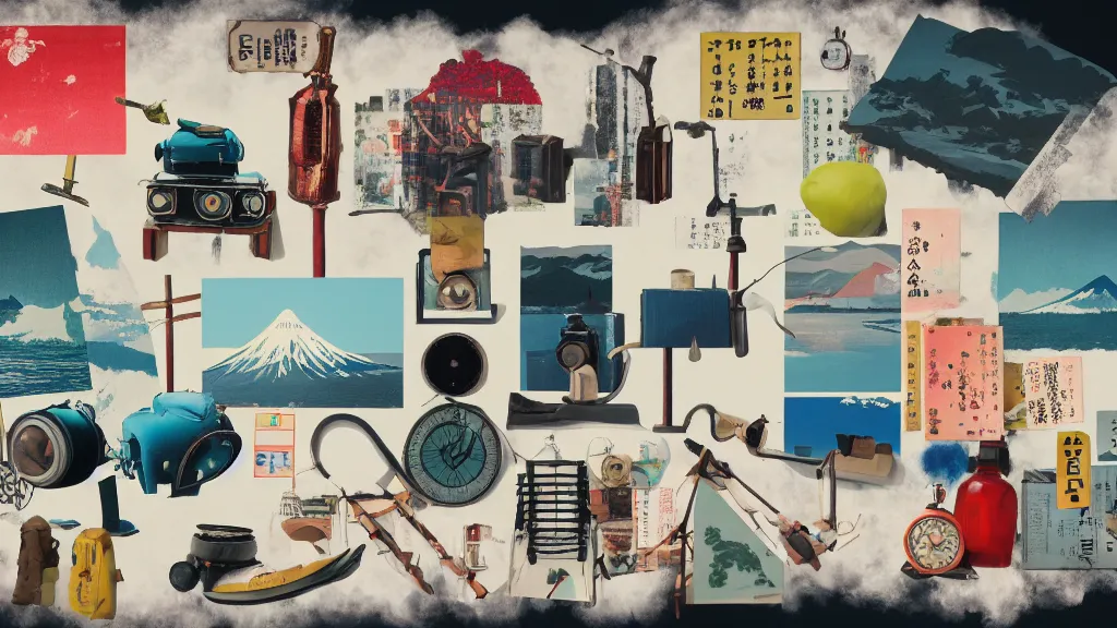 Image similar to an arrangement of adventure traveller props, japan, a collage painting, in the style of wes anderson, lola dupre, david hockney, isolated on negative white space background dark monochrome neon spraypaint accents volumetric octane render