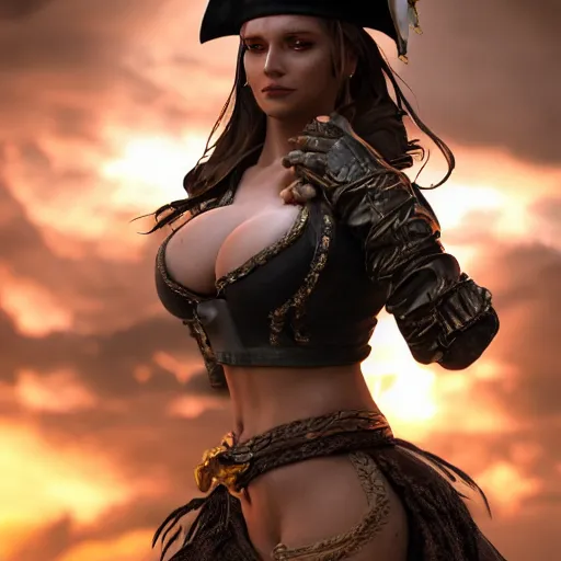 Prompt: full body pose, hyperrealistic photograph of a luscious pirate woman, dim volumetric lighting, 8 k, octane beautifully detailed render, extremely hyper detailed, intricate, epic composition, cinematic lighting, masterpiece, trending on artstation, very very detailed, stunning, hdr, smooth, sharp focus, high resolution, award, winning photo, dslr, 5 0 mm