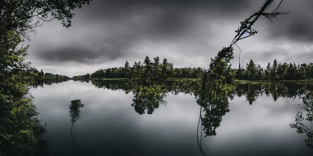 Image similar to centered photograph of a long rope snaking directly on the surface of the water, dark lake on a cloudy day, color film, trees in the background, hyper detailed photo, anamorphic lens