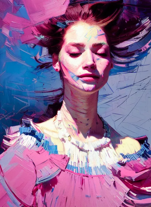 Image similar to portrait of a beautiful girl, smiling, ecstatic, dancing, eyes closed, open mouth, shades of pink and blue, beautiful face, rule of thirds, intricate outfit, spotlight, by greg rutkowski, by jeremy mann, by francoise nielly, by van gogh, digital painting