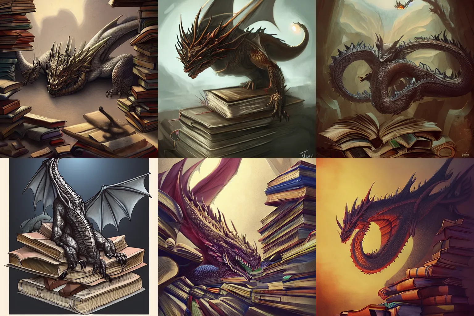 Prompt: A huge dragon sleeping on a hoard of books, by Randy Vargas. Trending on Artstation. HQ