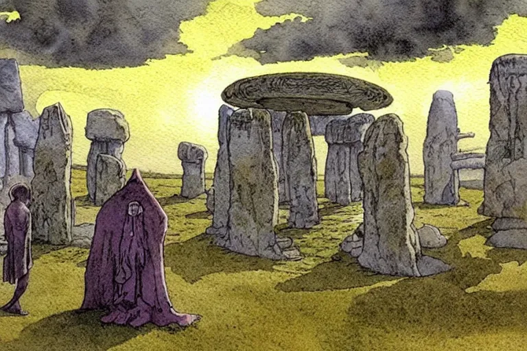 Image similar to a realistic and atmospheric watercolour fantasy concept art of a ufo landing in a tiny stonehenge. one dirty medieval monk in grey robes is pointing up at the ufo. muted colors. by rebecca guay, michael kaluta, charles vess and jean moebius giraud