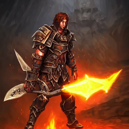 Prompt: Ares with heavy armor and sword, dark sword in Ares's hand, war theme, bloodbath battlefield, fiery battle coloring, hearthstone art style, epic fantasy style art, fantasy epic digital art, epic fantasy card game art